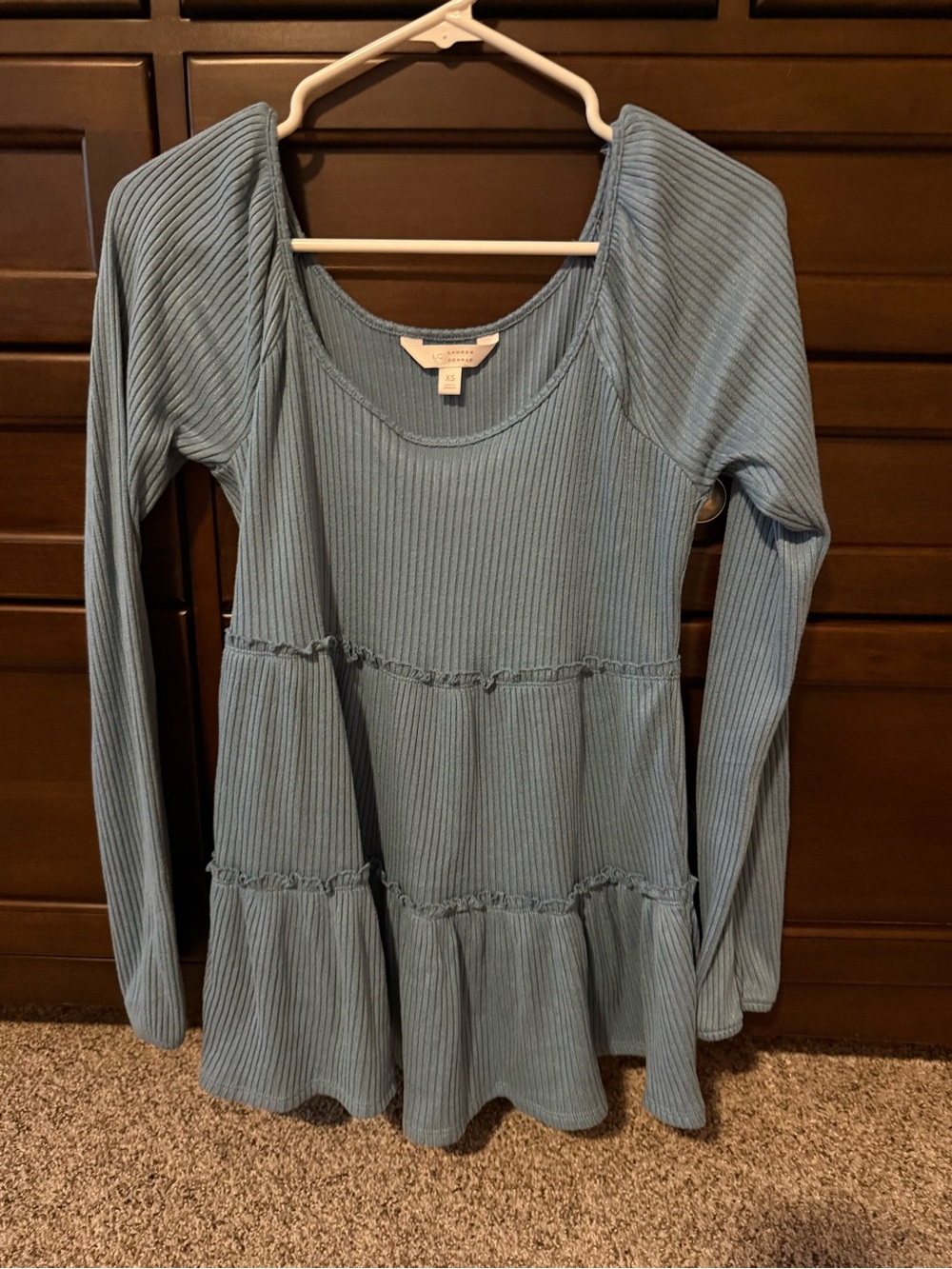 LC Lauren Conrad Ribbed Long-Sleeve Peplum Top in Light Blue